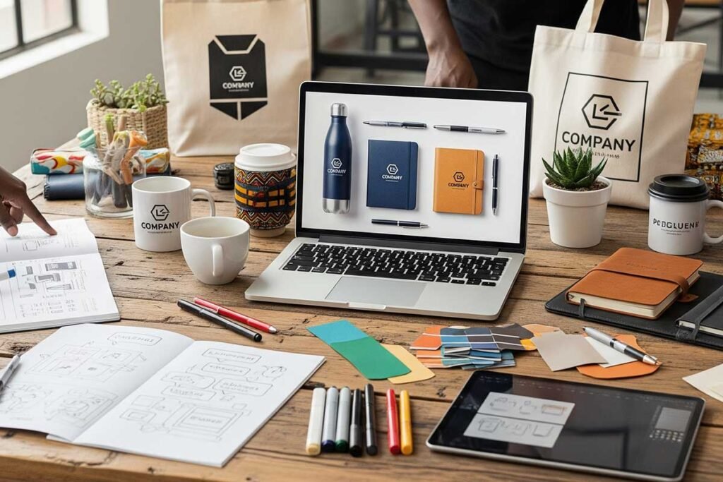 Pikseli-Creatives-corporate-gift-sets-team-in-action- with merchandise-and-mockups